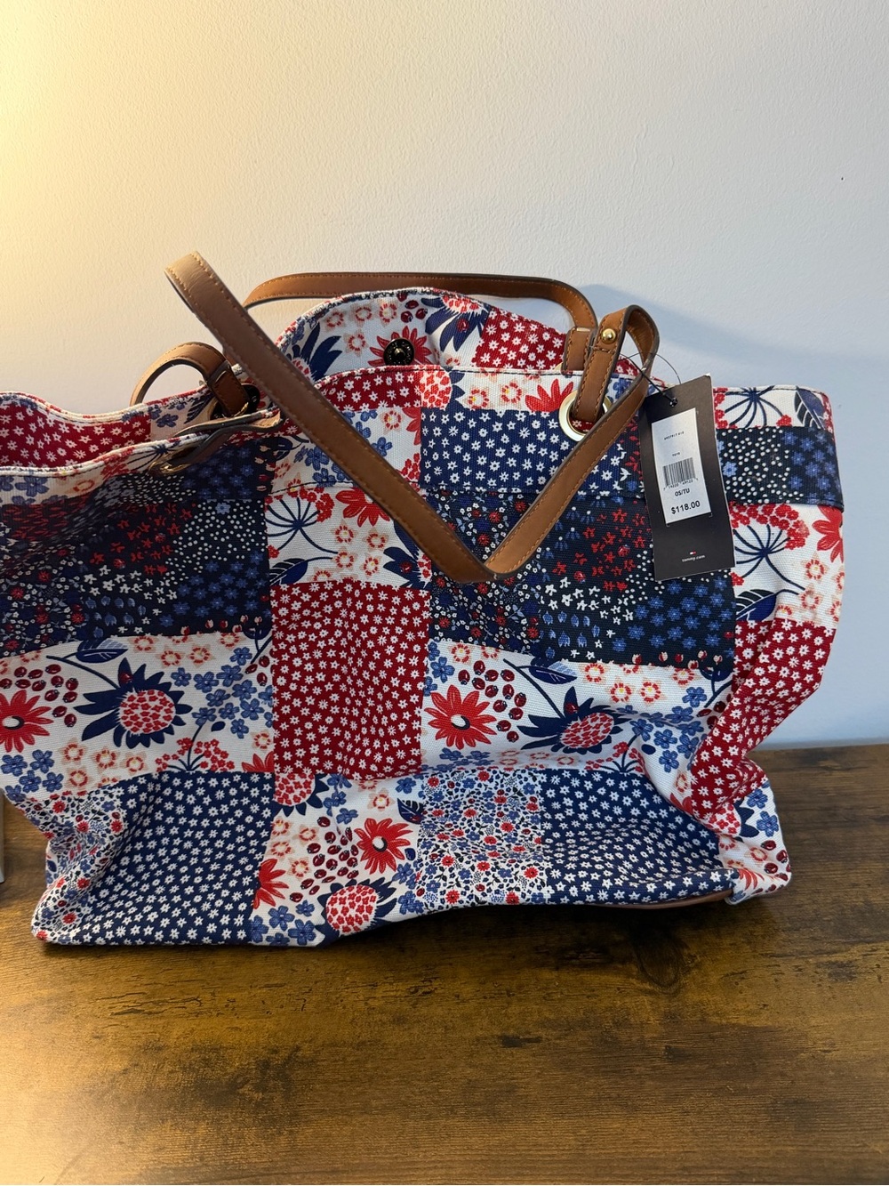 Tommy Hilfiger Patchwork Floral Tote - Red, Blue & White with Brown Handles